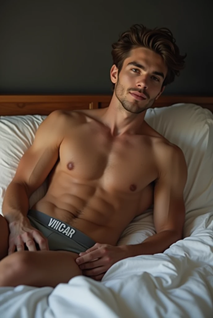 a handsome man, naked teenager in bed, muscular,erect penis,without underwear