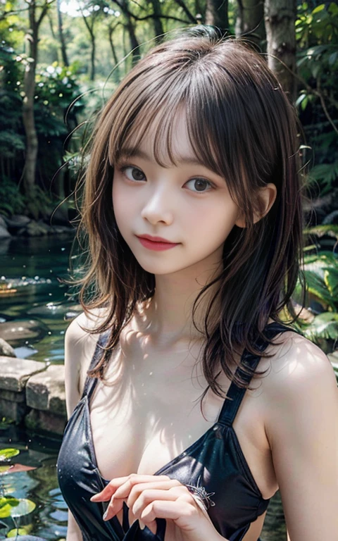 A young woman, a free diver, is poised to dive into a crystal-clear lake surrounded by a lush, ancient forest. Her long, flowing hair, adorned with delicate, bioluminescent moss and tiny, iridescent insects, cascades around her as she takes a deep breath. She wears a sleek, minimalist swimsuit, designed for both performance and style, that blends seamlessly with the natural surroundings. The lake's surface is calm and reflective, mirroring the towering trees and gentle sunlight filtering through the canopy. As she dives, droplets of water sparkle in the sunlight, creating a momentary rainbow. Cinematography: shallow depth of field, warm color grading, cinematic lighting.