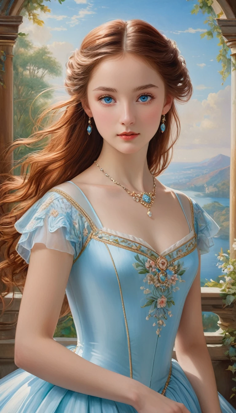 (High resolution,masterpiece:1.2),(Realistic:1.37)"(Highest quality, High resolution, Very detailed, Realistic),A beautiful portrait of a 16-year-old Scottish ballet dancer from the 19th century, (She is half Scottish and half Japanese.., She is a beautiful woman with light blue eyes and a long nose..:1.1), Beautiful ballet costumes, Detailed facial features, Long and graceful neck, Ruby Necklace, Flowing reddish-brown hair, Calm and graceful posture, Soft and delicate lighting, Classical Oil Painting Medium, Vibrant colors, Delicate background with summer motifs", Dreamy atmosphere, Surrealism,Mysterious Aura