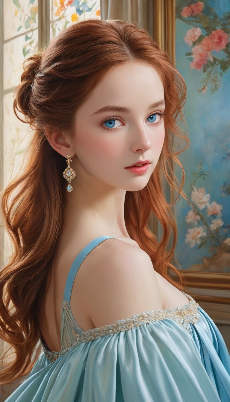 (High resolution,masterpiece:1.2),(Realistic:1.37)"(Highest quality, High resolution, Very detailed, Realistic),A beautiful portrait of a -yeld Scish ballet dancer from the 19th century, (She is half Scottish and half Japanese.., She is a beautiful woman with light blue eyes and a long nose..:1.1), Beautiful ballet costumes, Detailed facial features, Long and graceful neck, Ruby Necklace, Flowing reddish-brown hair, Calm and graceful posture, Soft and delicate lighting, Classical Oil Painting Medium, Vibrant colors, Delicate background with summer motifs", Dreamy atmosphere, Surrealism,Mysterious Aura