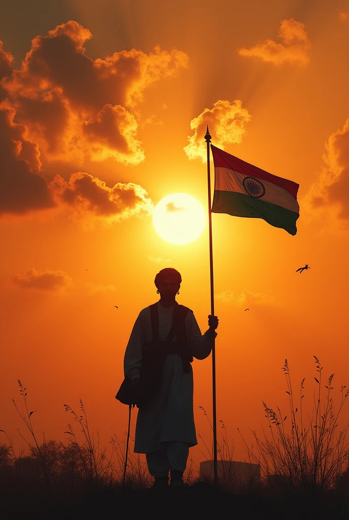 A half Bhagat singh and Sun set sky with some birds and india flag