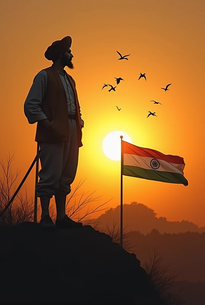 A half Bhagat singh and Sun set sky with some birds and india flag