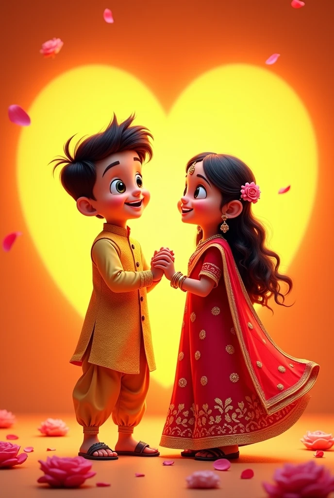 A animated boy and girl standing in Indian treditional dress with orange colour heart background And falling roses