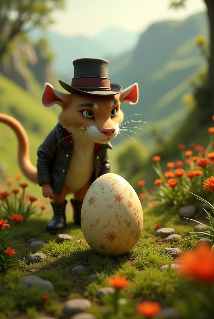 According to the movie Puss in Boots, the orange cat and the humpty dumpty egg. I want you to take a photo of Puss in Boots and that he is hiding an egg from afar, observing him., Let it be obvious from where Humpty Dumpty looks.