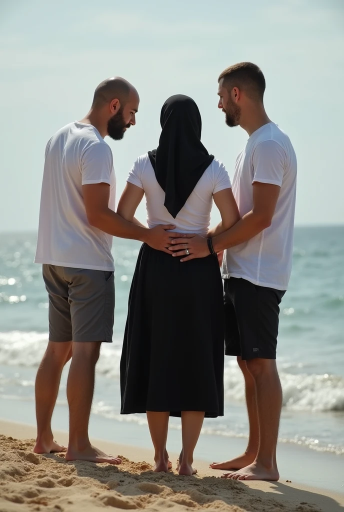 with black headscarf, black skirt, white t-shirt, barefoot woman, men touching her butt on the beach