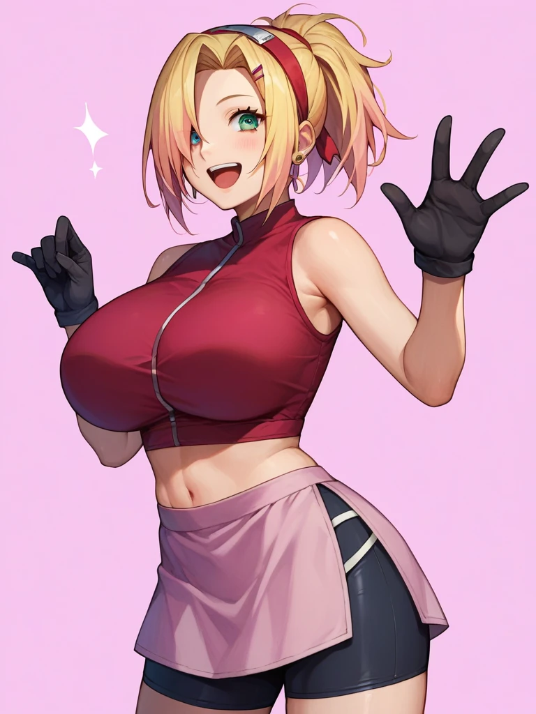 score_9, score_8_up, score_7_up,score_6_up, score_5_up, score_4_up , 1girl, solo, huge breasts, 1girl, haruno sakura, blonde hair pink hair, green eyes, forehead protector, sleeveless, red shirt, bike shorts, shorts, black gloves, yamanaka ino, , long hair, hair over one eye, ponytail, hairclip, blue eyes, purple crop top, sleeveless, purple skirt, fishnets, earrings, happy, cowboy shot, simple background