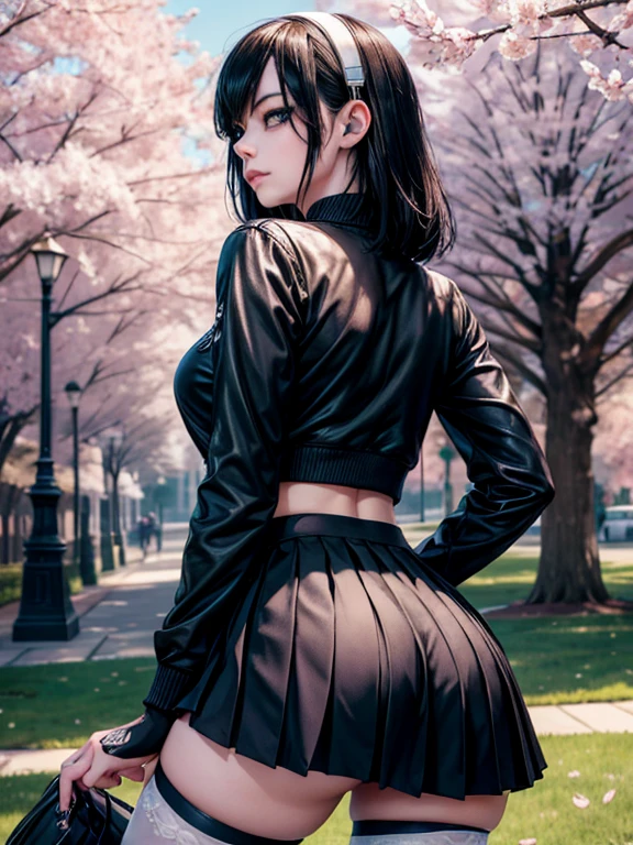 Slim body type, slender body , 1 girl, beautiful face, (Emma Stone), a emo punk school girl bending over, looking back, panty visible, white panties, small breasts, beautiful detailed eyes, beautiful detailed lips, extremely detailed face and hair, black hair with blue highlights, Goth makeup, long eyelashes, pleated skirt, white blouse, knee-high socks, loafers, school campus, cherry blossom trees, against the wall, headphones, sunlight, vibrant colors, intricate details, realistic, photorealistic, 4k, high resolution, best quality, masterpiece, tattoos