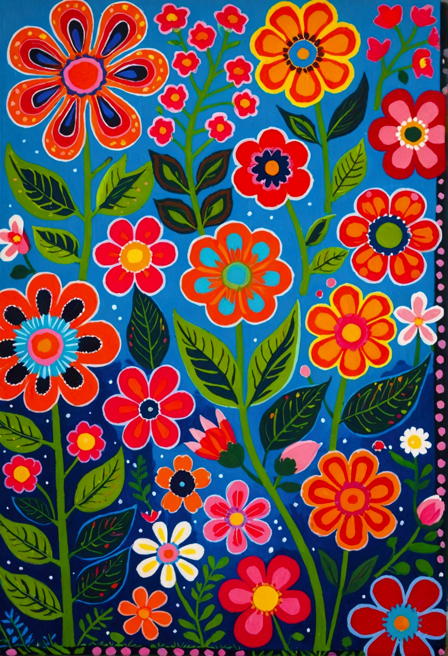 A painting of a group of flowers with a polka dot pattern, Plants grow on it. Gouache, Inspired by ferdinand knab, Inspired by Konstantin Westchilov, Inspired by Mary Blair, inspired by Maksimilijan Vanka, psychedelic flowers and trees, Gouache on canvas, By Pasitha Abad, Trees and flowers, inspired by Yayoi Kusama