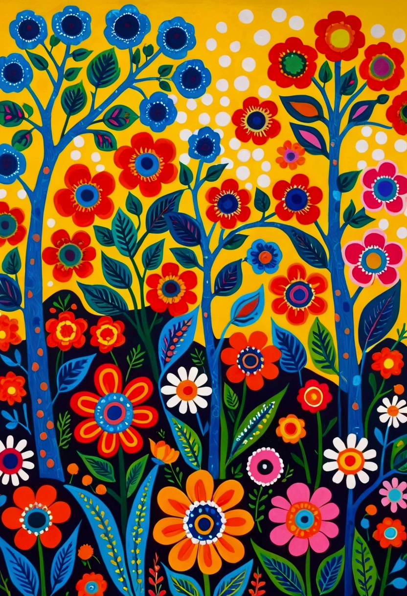 A painting of a group of flowers with a polka dot pattern, Plants grow on it. Gouache, Inspired by ferdinand knab, Inspired by Konstantin Westchilov, Inspired by Mary Blair, inspired by Maksimilijan Vanka, psychedelic flowers and trees, Gouache on canvas, By Pasitha Abad, Trees and flowers, inspired by Yayoi Kusama