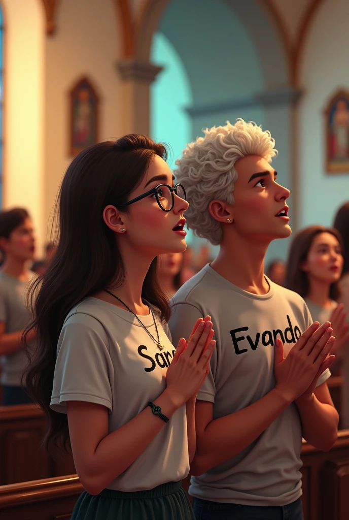 Young woman with long straight hair wearing a blouse that says Sara and a skirt and glasses worshiping God in an evangelical church with a young white man with curly hair wearing a shirt that says Evando