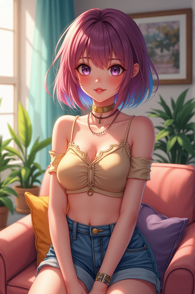 Generates an 18 year old girl with aesthetic clothes with a living room background and anime style