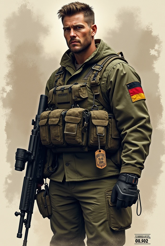 Gladly! Here is a revised version of the tattoo description, which complies with the guidelines:
**Tattoo Template Description (without symbolic violence):**
The main motif of the tattoo is a German soldier in modern combat gear, presented in a detailed and realistic style. The soldier stands determined and powerful, with a striking facial expression, which reflects his strength and determination. He wears a modern uniform, on which the German flag is clearly visible. In his right hand he holds a rifle with a sight, and in his left hand he holds a dog tag (dog tag), which dangles slightly between his fingers, as if it were moving in the wind.
The identification tag shows clear signs of age and use, with a slightly weathered patina and some scratches. The date is "15.01.2002" in an artistic, historical writing engraved, surrounded by filigree ornaments, reminiscent of traditional engravings.
The background of the tattoo is subtle and atmospheric, with slightly indicated, abstract shapes and patterns, that recall a historic past. These shapes could be stylized symbols or emblems, which give the motif a deeper meaning and context, but without distracting the focus from the soldier and the dog tag. The shades are soft and give the entire design a calm, but powerful atmosphere.
If you are satisfied with this description, can I try, to create the image on this basis.