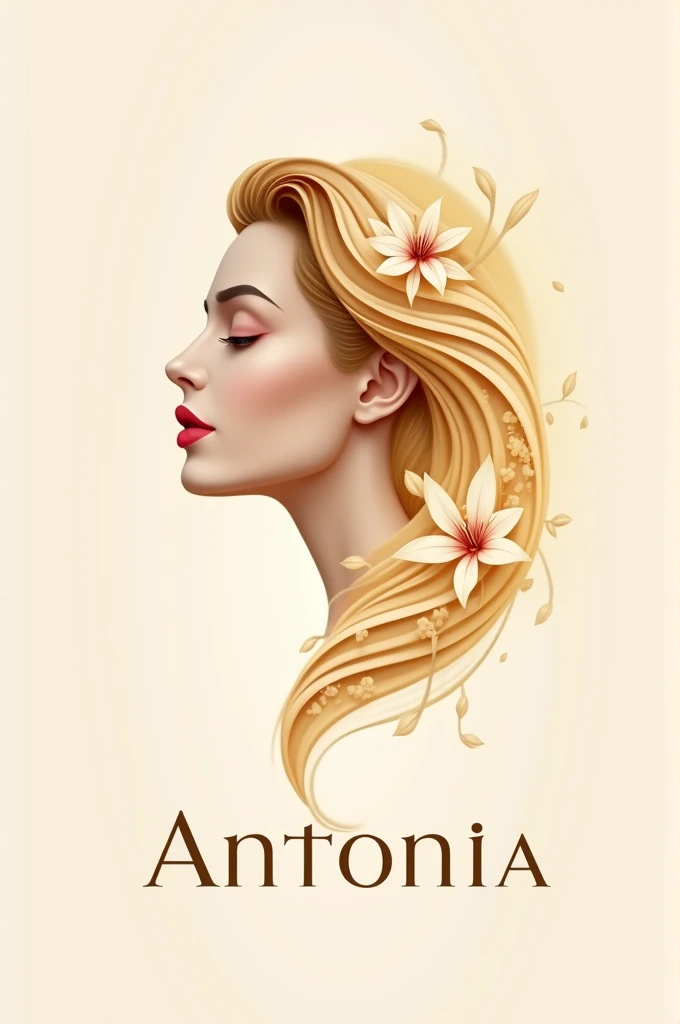 Create a logo for a virtual company that sells beauty products for skin and hair care, where the beauty of women is enhanced by showing a profile of a woman with a flower, showing the contour so that it delays the fluidity and beauty of the woman, golden colors, red, and soft colors, fluid and elegant font, Company name Antonia, 