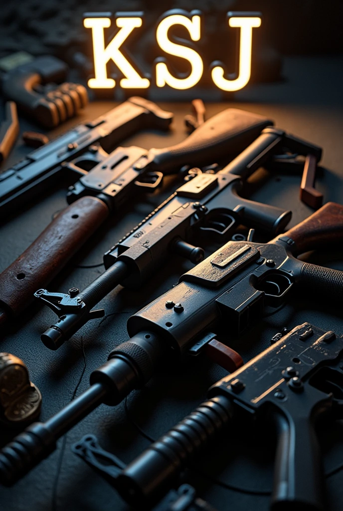 An image of weapons with a text that says "KSJ" and illuminate the place