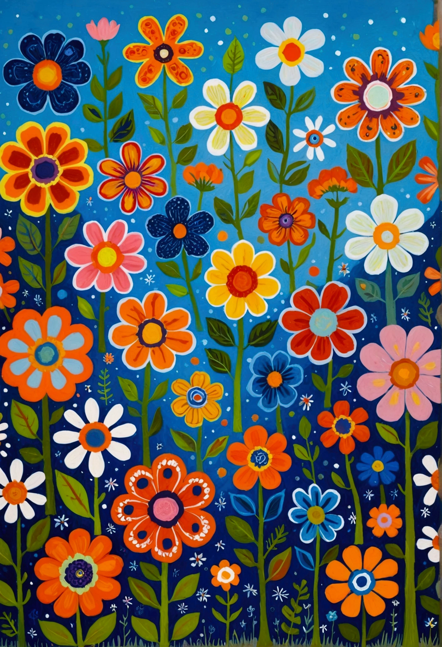 A painting of a group of flowers with a polka dot pattern, a detailed painting inspired by ferdinand knab, Recommended on Behance, Childish Art, Plants grow on it. Gouache, psychedelic Flowers and trees, Gouache on canvas, Trees and flowers, Forest and flowers blue, Flower growth, Bizarre forest, number, Flowers and trees, Folklore illustrations
