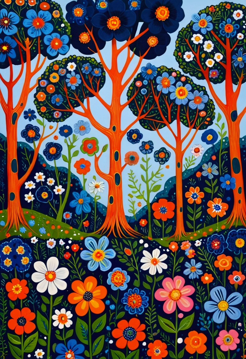 A painting of a group of flowers with a polka dot pattern, a detailed painting inspired by ferdinand knab, Recommended on Behance, Childish Art, Plants grow on it. Gouache, psychedelic Flowers and trees, Gouache on canvas, Trees and flowers, Forest and flowers blue, Flower growth, Bizarre forest, number, Flowers and trees, Folklore illustrations