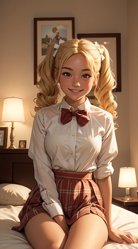 (masterpiece, best quality),1girl smiling with Blonde curly hair twin tails sitting in a bed of her bedroom in front of her bedroom, warm lighting, blurry foreground, plaid short skirt, a white blouse with a loose bow tie, 18 yo, small breasts