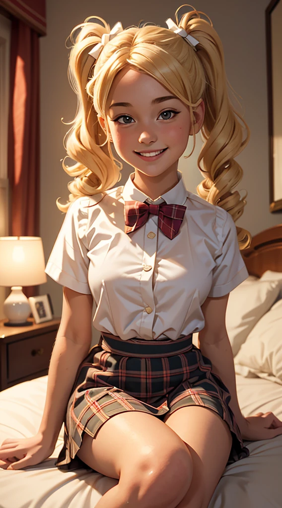 (masterpiece, best quality),1girl smiling with Blonde curly hair twin tails sitting in a bed of her bedroom in front of her bedroom, warm lighting, blurry foreground, plaid short skirt, a white blouse with a loose bow tie, 18 yo, small breasts
