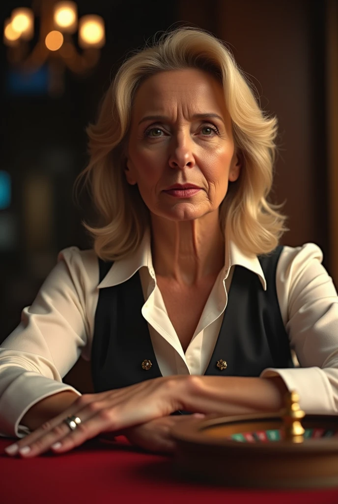 Side-view low angle of blonde middle-aged woman veteran casino dealer in charge of roulette