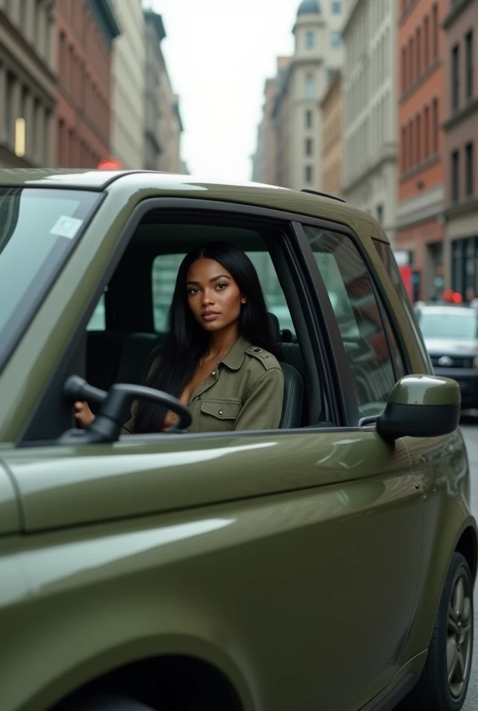 Army green Freelander car with a black woman with long straight hair