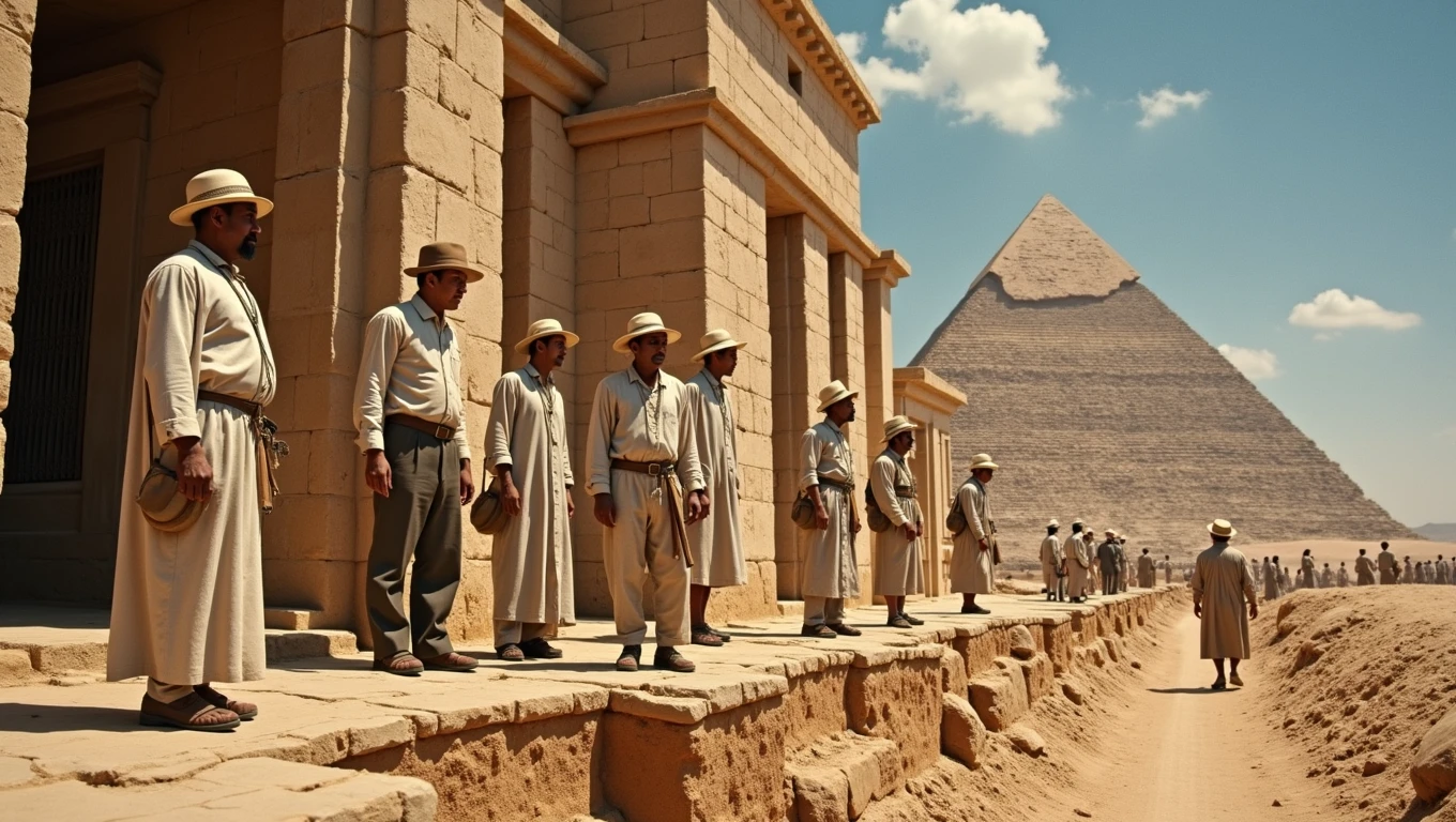 1922 film scene of Egyptian workers, 1922 period clothing of pyramid excavation workers, excavations are being carried out at the foot of the pyramid, English archaeologists supervise the work, photo, cinematic, architecture