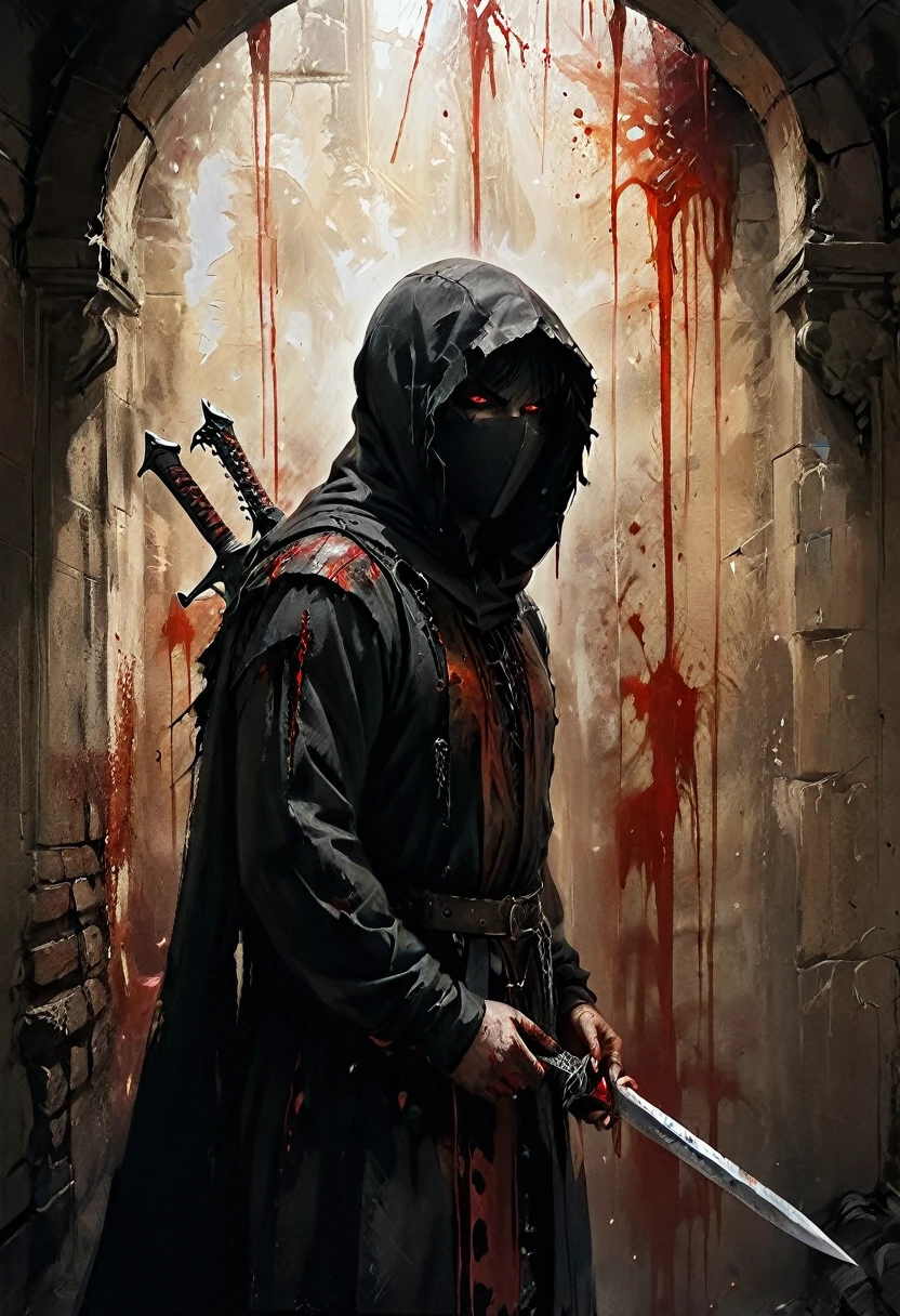 A man in a hood with a bloody assassin dagger in his hand , on the wall is Rasanoh