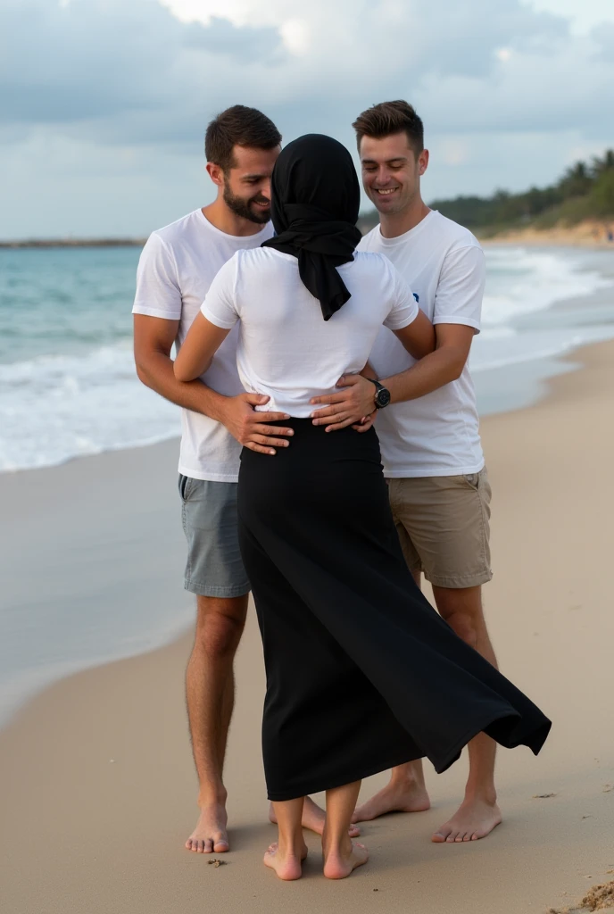 with black headscarf, black skirt, white t-shirt, barefoot woman, men touching her butt on the beach