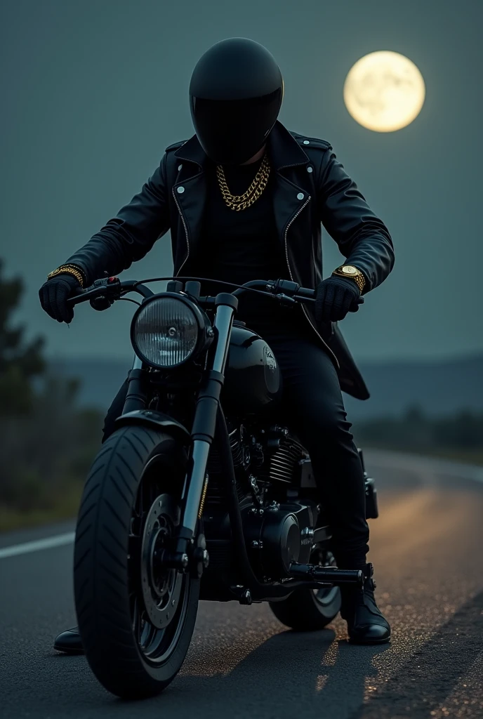 a man with a black coloured full face helmet and full bdy covered black jacket black bike gloves black pants and black shoes wearing a golden watch in right hand a gold necklace in neck on a offroad bike one foot on the road and one hand with a action and other hand gripping the bike handle in a night under a night light on a road without other vehicles. big moon at background of the picture. a picture taken from a side