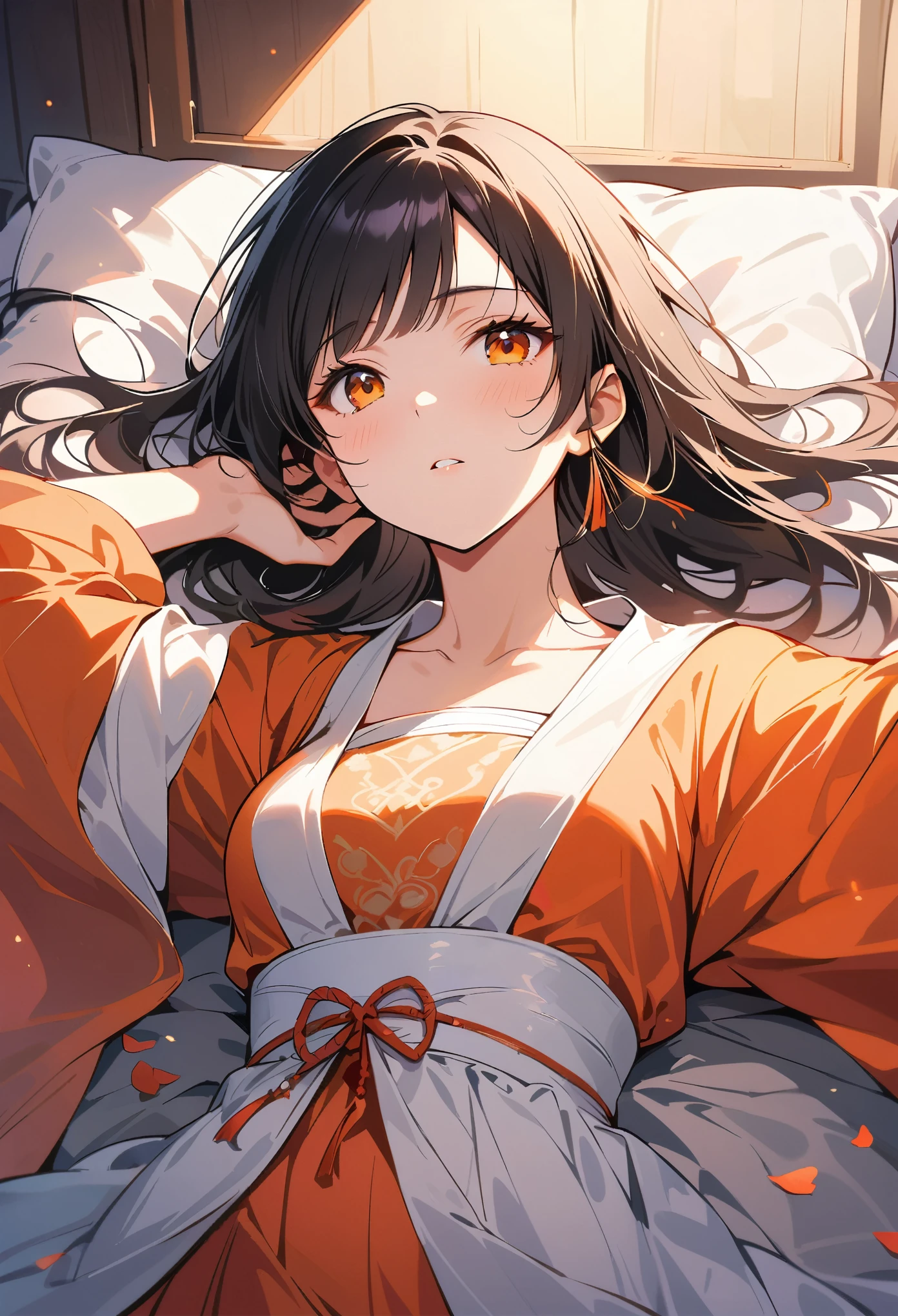A beautiful Chinese woman, dressed in Hanfu and wearing an orange red embroidered dress with long black hair, lies on the bed facing up to the camera. She has exquisite facial features, delicate skin texture, high-definition photography with soft lighting and soft tones. in the style of soft tones.