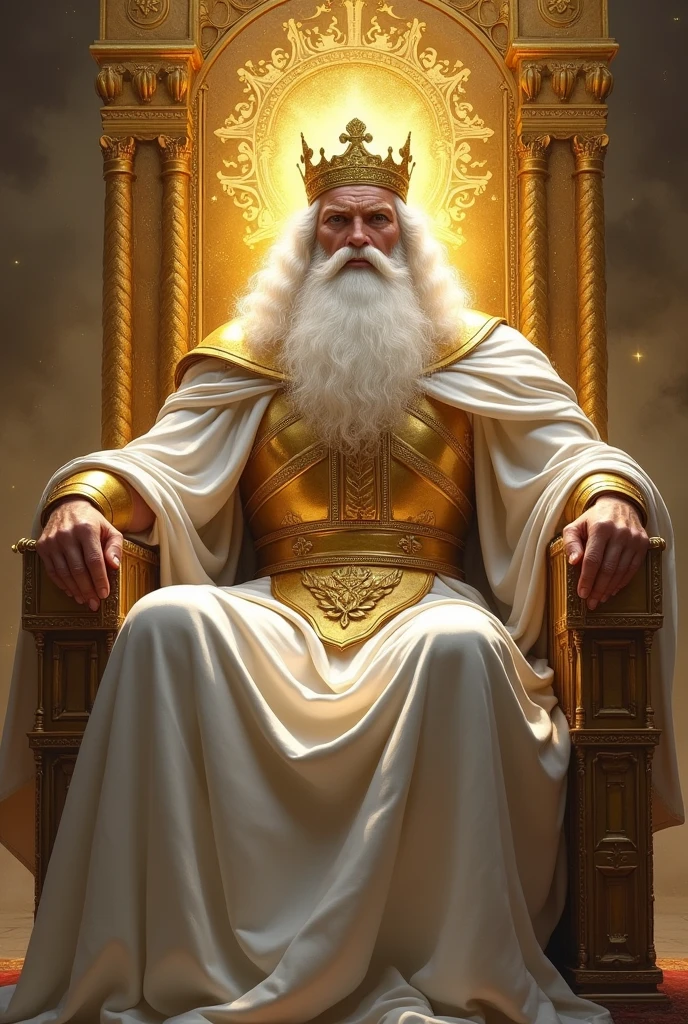 a strong man, powerful and majestic, with big white hair and a big white beard, with large white robes, with a breastplate, with a golden belt and a large golden crown on his head sitting on an exalted golden throne
