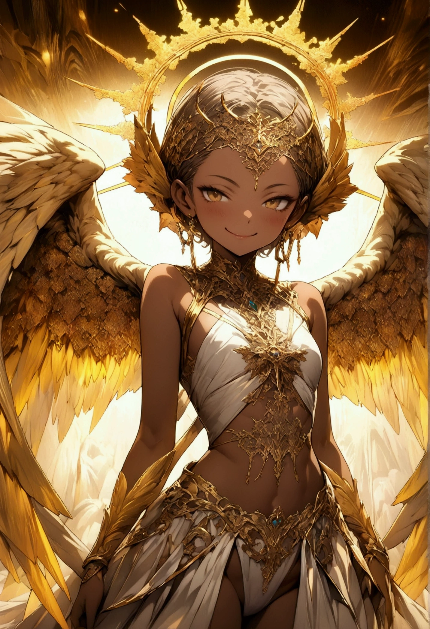 (masterpiece, top quality, best quality, official art, beautiful and aesthetic:1.2), full body, extreme detailed,(fractal art:1.3),colorful,highest detailed, angelic character, wings, halo on back of head, white and gold colors, jewelry, smug face, genderless, intricate outfit, intricate design, sunkissed tan skin