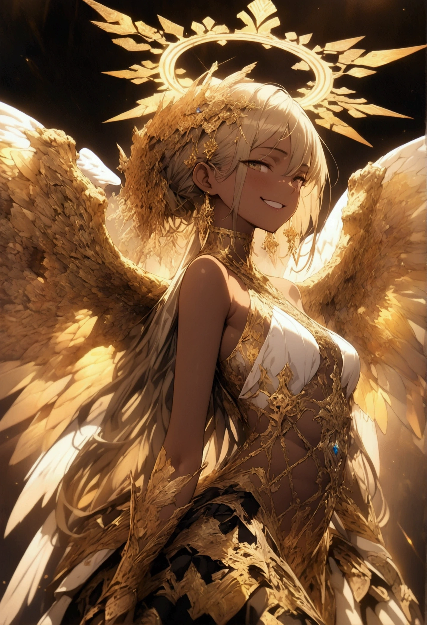 (masterpiece, top quality, best quality, official art, beautiful and aesthetic:1.2), full body, extreme detailed,(fractal art:1.3),colorful,highest detailed, angelic character, wings, halo on back of head, white and gold colors, jewelry, smug face, genderless, intricate outfit, intricate design, sunkissed tan skin