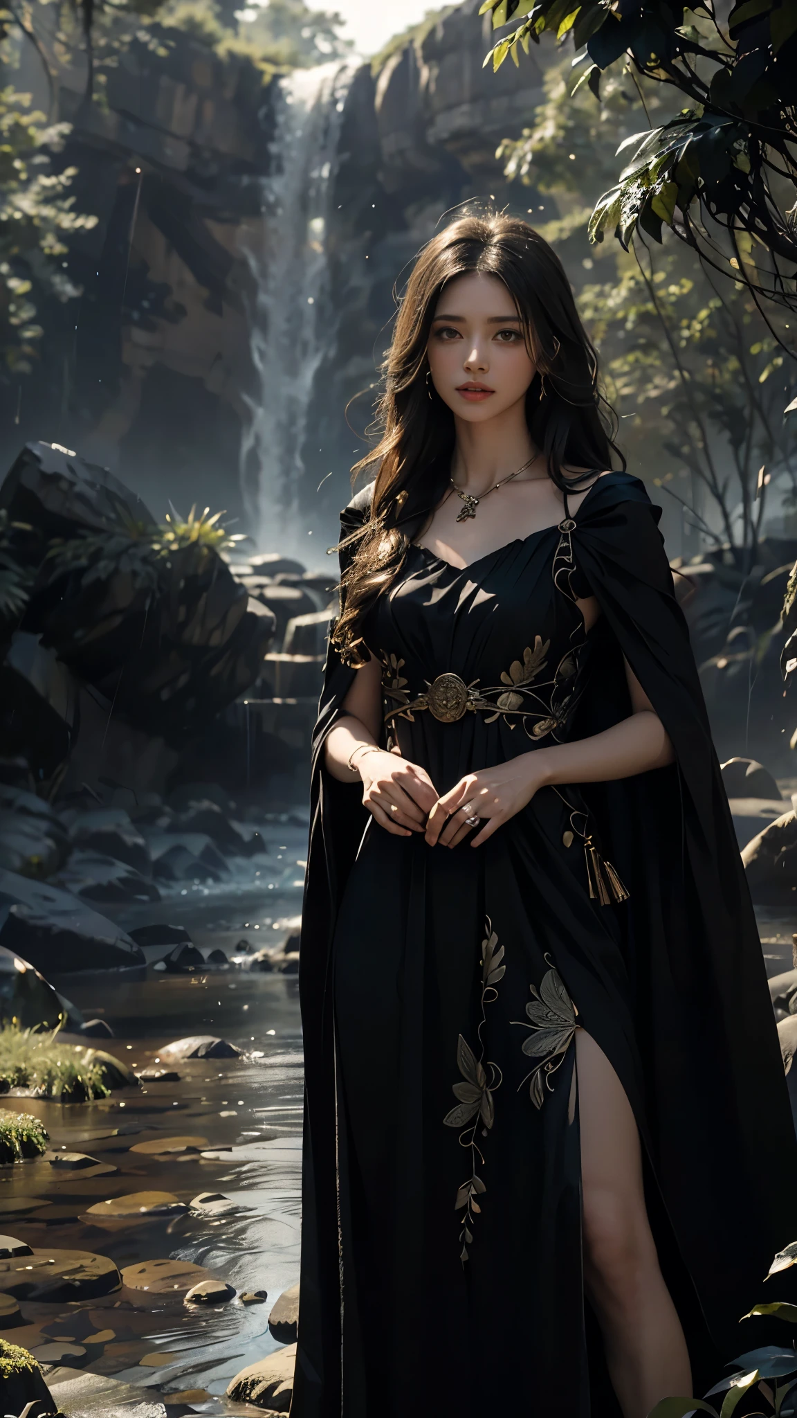 4K, UHD, Masterpiece, 1 girl, good face, detailed eyes, ((very long hair)), bridal hairstyle, butterfly on hair, ornaments, crystal ornaments, jwellery, block print dress, ((black dress)), very detailed dress, strap dress, flowing cape, mesh stocking, cinematic unreal scenery, legendary scenery, rainy weather, wet ground, depth of field, ray tracing, bloom, god rays, lens flare, sun flare, cinematic pose,