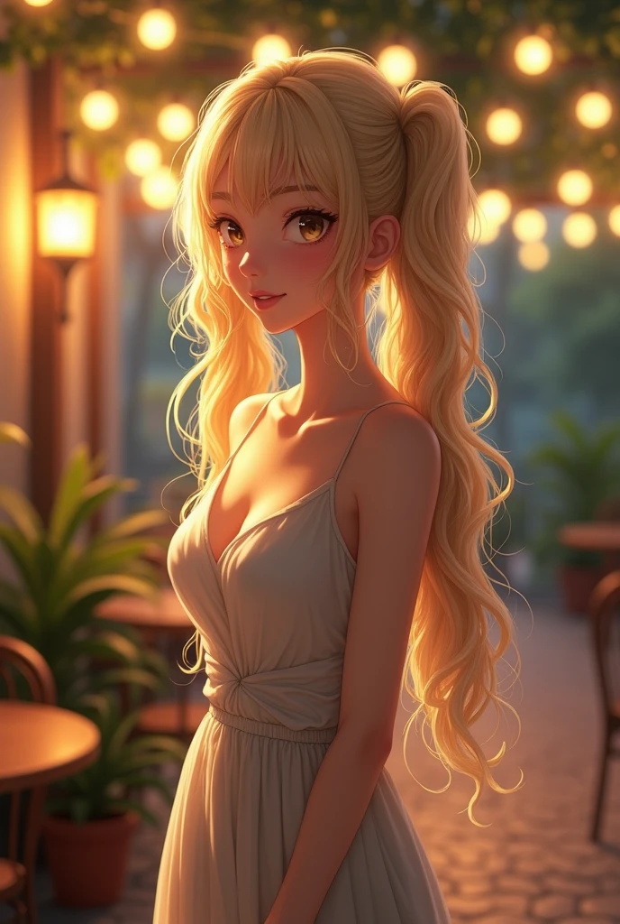 Top quality, 1 beautiful woman, long Hair, Wavy Hair, twintails, blonde hair, Camisole, Maxi skirt, shy-smile Outdoor patio lights, from_above, cafe