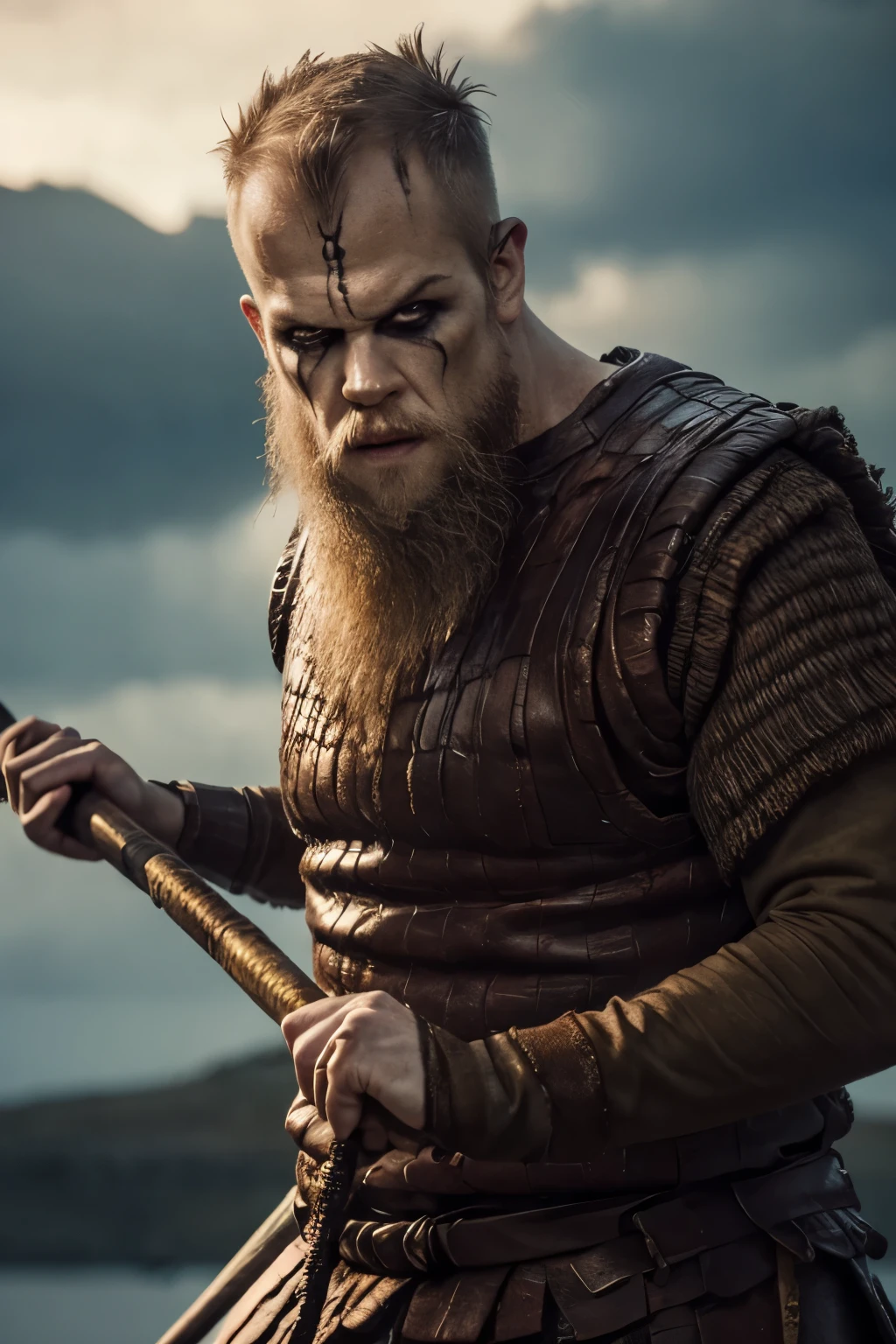 Hyper realistic, ultra detailed, cinematic posterof Floki a viking warrior, old man, 50 years old, black makeup on eyes, beard, holding axe on hand, in dynamic combat pose, ultra realistic, skin texture, cinematic lighting. Cinematic thunder background.