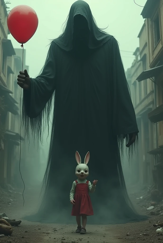 a tall and scary black shadow, his right hand holding a balloon and his left hand holding a  with a strange rabbit mask on his face in the middle of an abandoned city