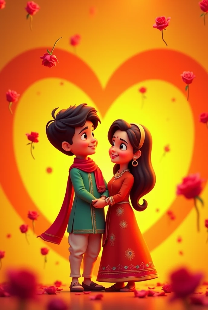 A animated boy and girl standing in Indian treditional dress with orange colour heart background And falling more red roses
