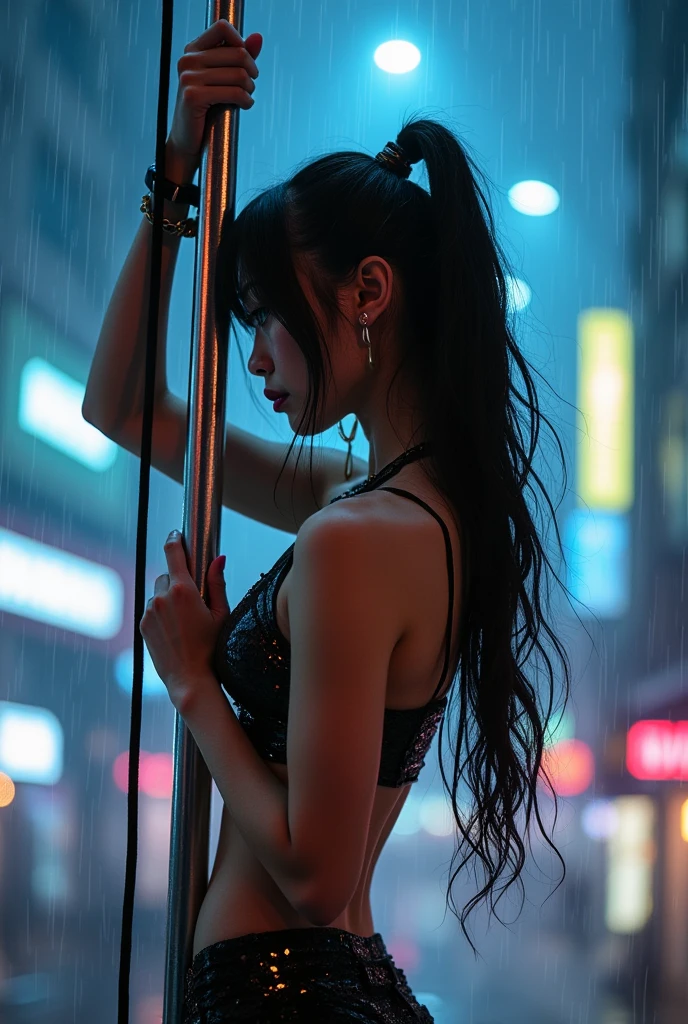 Cyberpunk-style Japanese pole dancer dancing on a pole in the rain。