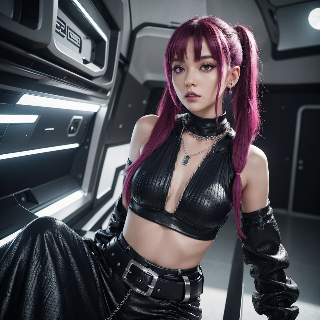 (Ultra-detailed eyes), (((textile shading))), (((Best Quality))), (((masterpiece))), (((Ultra realistic))), 45kg girl, little bit fat, light skin color, sassy girl, chic girl, magenta hair, magenta hair, magenta hair, red pigtails hair with bangs, futuristic hairstyle, Bambi Chainmail Crop Top, Blue Moonogram, 1DR Logo-buckle Leather Belt, Rose Mix Necklace, many futuristic accessories, the outfit color is silver and black, natural make up, skinny fat innocent, in alien villages, action movie, freaky vibes, midshot, centered image, good girl, innocent girl, front look, cinematic movie poster pose, pale skin, cute face, futuristic fashion choices, mean girls movie vibes