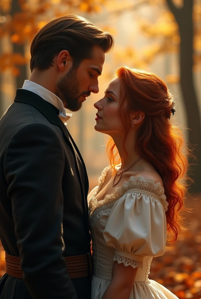 Description: period romance Visual elements: a couple in the spotlight, big man and redheaded woman with loose hair. An autumn forest in the background Design style: classic predominant colors: neutral and warm