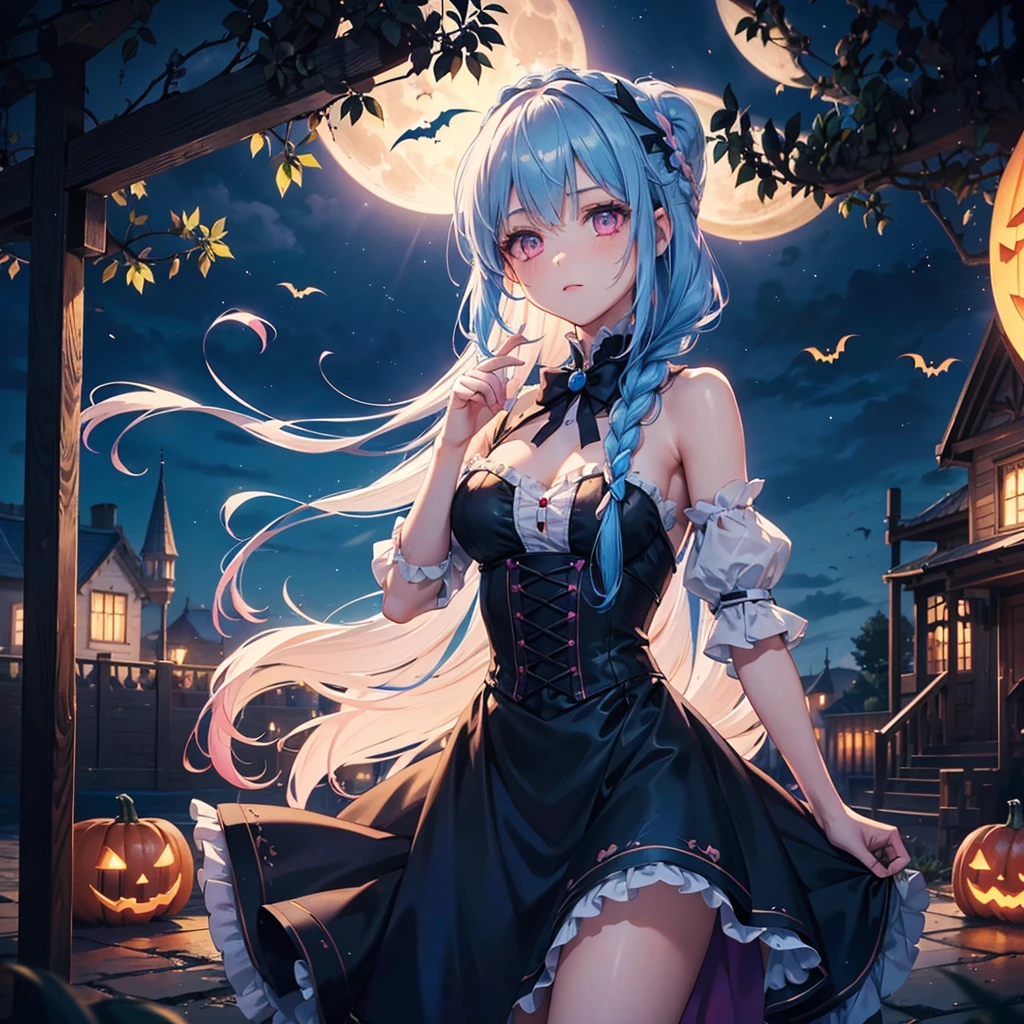 (Sky blue hair),(Braided medium hair:1.2), (Pink Eyes),Fair skin) ,(whole body),(One Girl),(Crescent Moon),(There are lots of pumpkin ghosts in the background),(If you don't give me sweets, I'll play a prank on you.),Halloween Night Party),(masterpiece, Highest quality, Very detailed, Best Shadow), (Detailed Background), (Beautifully detailed face), High Contrast, (Best lighting, Very delicate and beautiful), ((Cinematic Light)), Hyper Detail,8k, Dramatic Light, Intricate details,Cute witch outfit,night,(Bats flying in the background),