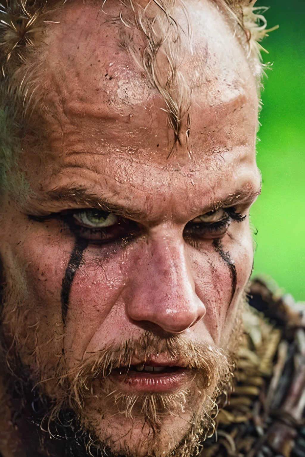 Hyper realistic, ultra detailed, close-up face of Floki a viking warrior, old man, 50 years old, black makeup on eyes, beard, (((psycho face))), ultra realistic, skin texture, cinematic lighting. 