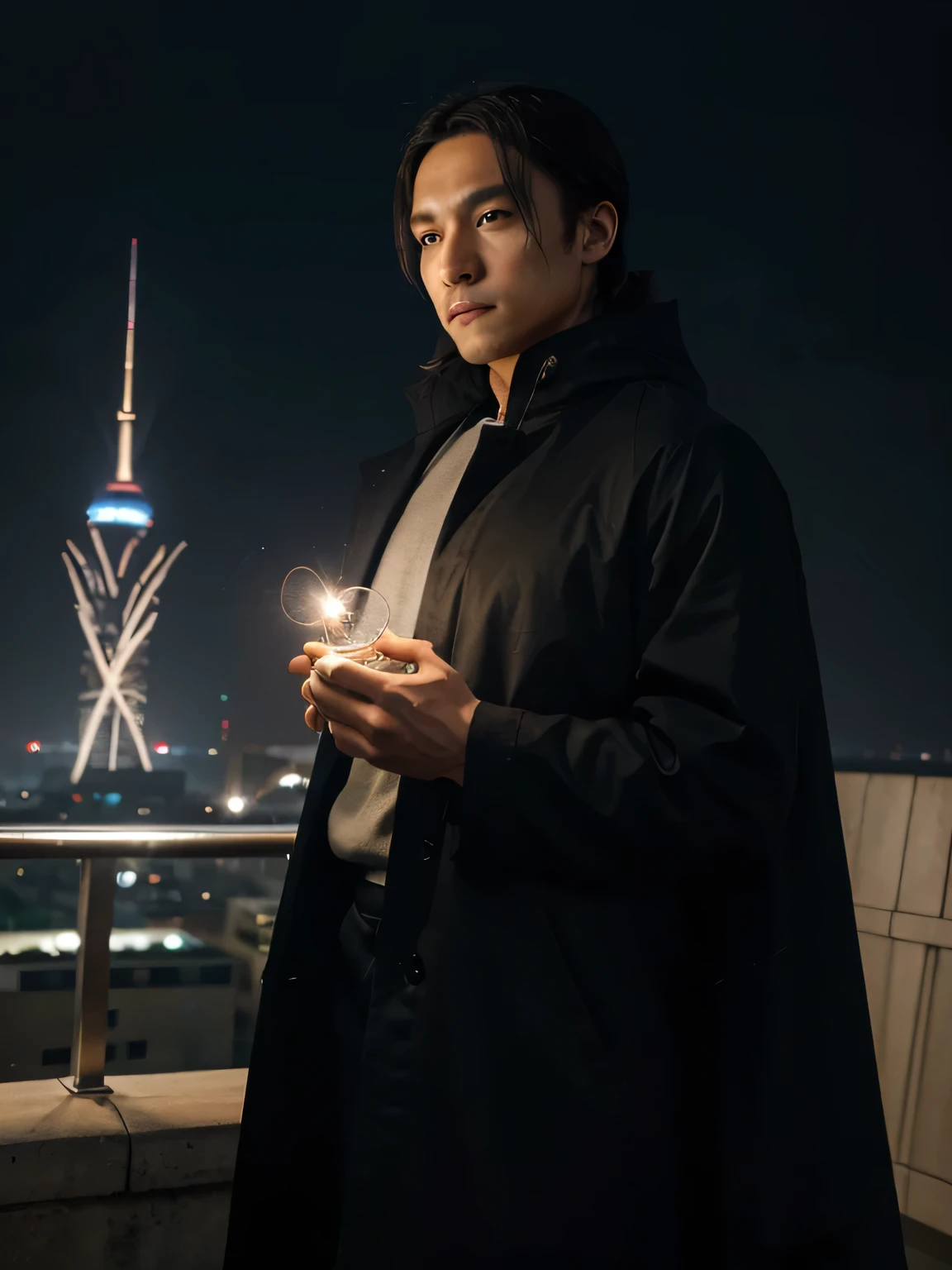 theme：The journey of return intertwined with modernity and mystery：With the bustling city night scene as the background，The lights of the high-rise buildings complement the starry sky，Create an atmosphere where modernity and the supernatural coexist。On the edge of a city or on the skyline，A touch of、The light from another world looms，Foreshadowing the protagonist&#39;s extraordinary return。

Farbe：Use contrasting warm and cool tones，The city is dominated by cold light with a blue-purple hue.，Show the tranquility and mystery of the night；The light from the other world is mainly warm light with golden or orange tones.，In sharp contrast，Attract attention。at the same time，可适当加入一些绿色或紫色的神秘Farbe，Enhance the fantasy of the picture。

element：

Protagonist image：A man in casual clothes but with deep eyes、A man with extraordinary temperament stands in the center or foreground of the picture，He holds an ordinary-looking object that has a hidden meaning.（Such as charms、Magical instruments or magical instruments disguised as modern technological products），Smiling，Revealing a kind of detached confidence and calmness。
Mysterious symbols/totem：Incorporate some ancient and mysterious symbols around the main character or in the background、totem or array pattern，These elements can be obscure lines、Light and shadow effects，It can also be a directly drawn pattern，They are both hints at the protagonist&#39;s identity and abilities.，It also adds a sense of mystery to the picture.。
The fusion of modern and exotic：Through some detailed design，Like strange plants suddenly appearing on modern buildings、The interweaving of ancient instruments and modern aircraft floating in the air, etc.，After the protagonist returns to Earth from another world，A wonderful fusion of elements from two worlds。
Light and shadow effects：Use light and shadow in a clever way，Emphasize the protagonist&#39;s dominant position，At the same time, it creates a dreamy yet realistic visual effect.。Especially the items in the protagonist&#39;s hand and the mysterious symbols around，It should appear more mysterious under the light。
style：Combining modern urban style with fantasy elements，Create a picture that is both down-to-earth and imaginative。While maintaining picture clarity and detail at the same time，Focus on creating atmosphere and conveying emotions。

Atmosphere：Create an atmosphere that is both lighthearted and humorous yet mysterious，Let the audience feel the adventures and challenges of the protagonist after returning to Earth，At the same time, I am also curious and looking forward to the protagonist&#39;s identity and abilities.。