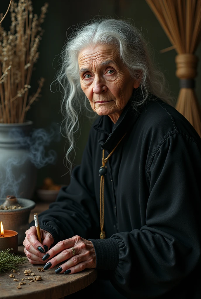 Elderly woman between 60-65 years old, White skin, with a turned-up nose with European ancestry, wiccan, with long nails, a certain resemblance to a witch, with black clothes, marked features, with long nailss y un tabaco en la mano y decoración de hierbas secas y sahumos, In the background an image referring to Wicca. with a herb broom,