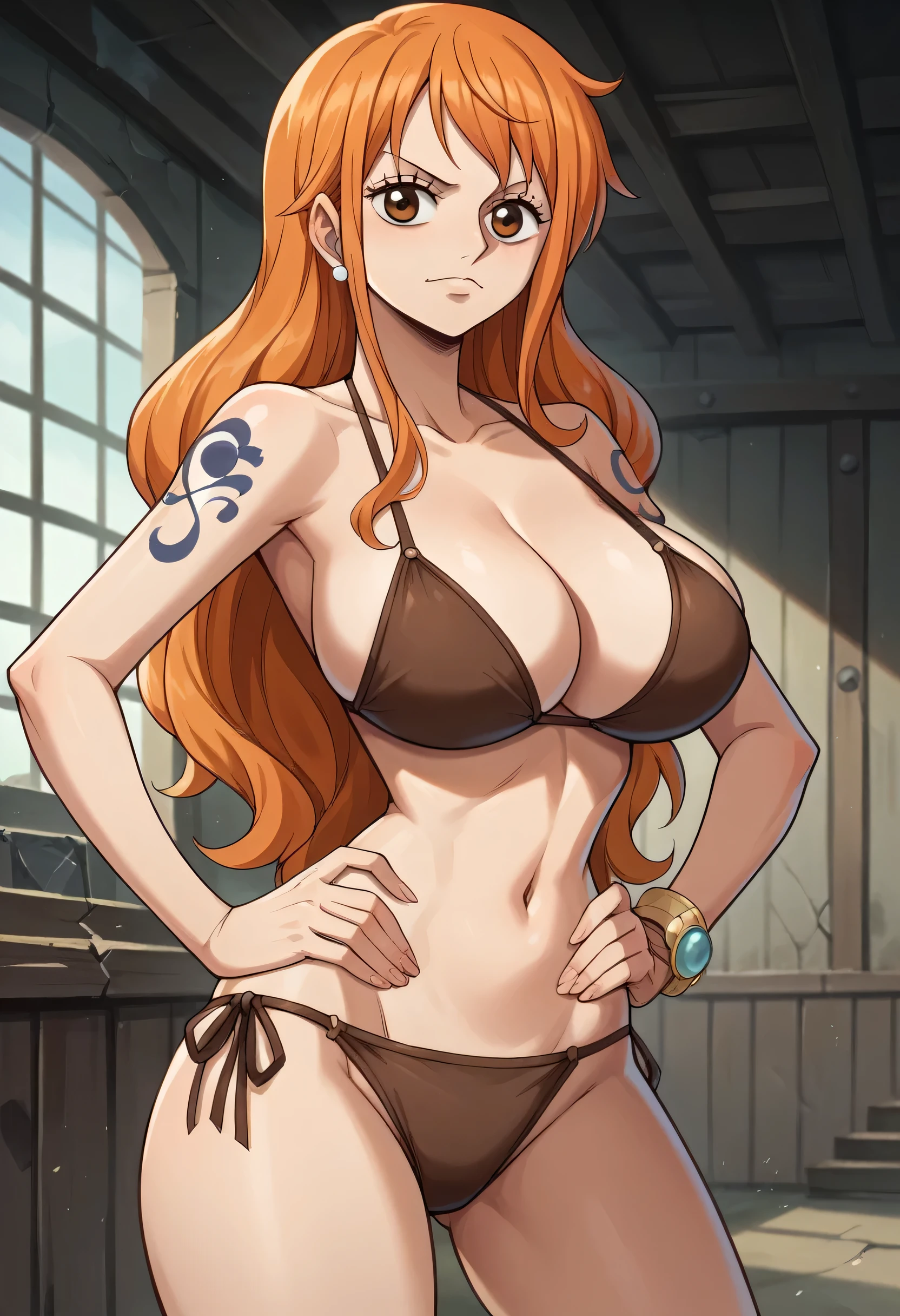 Masterpiece, best quality, Masterpiece, best quality, 1 woman, Nami , long orange hair , sly face , brown bikini , big breasts , abdomen , Put your hands on your hips.. , 1 guy , molest , abandoned factory