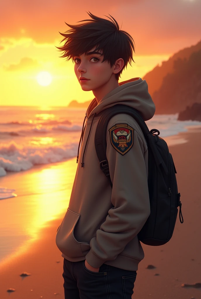 A 16 year old boy wearing a hoodie and black jeans,she has short hair,there is an eagle on the shoulder,beach and sunset background,Realistic photo, Original photo.