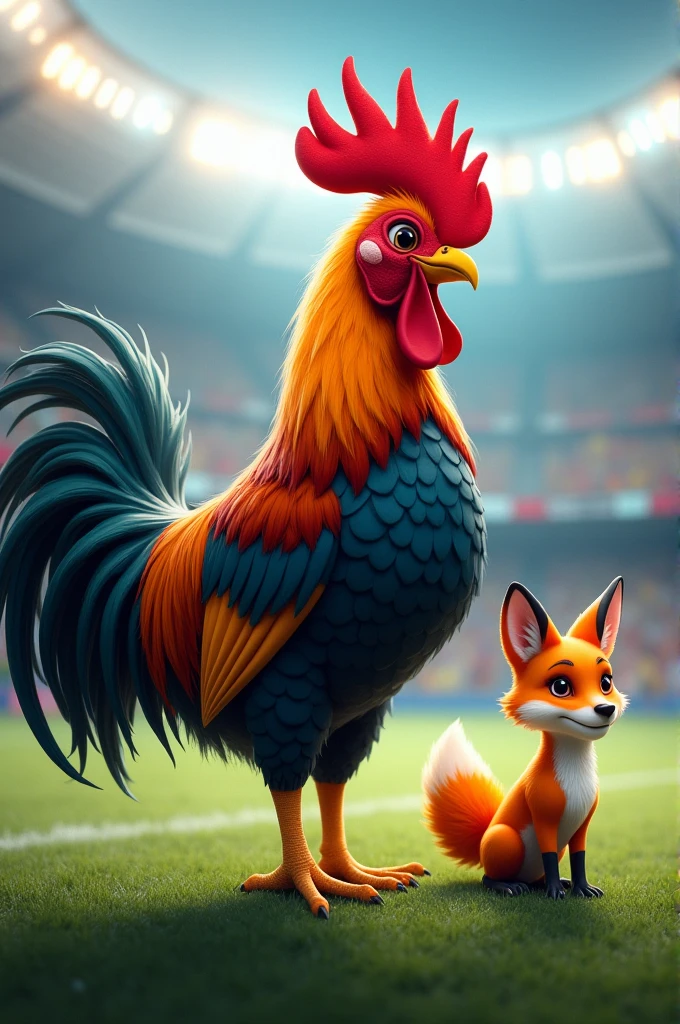 ROOSTER father of a little fox inside a football stadium
