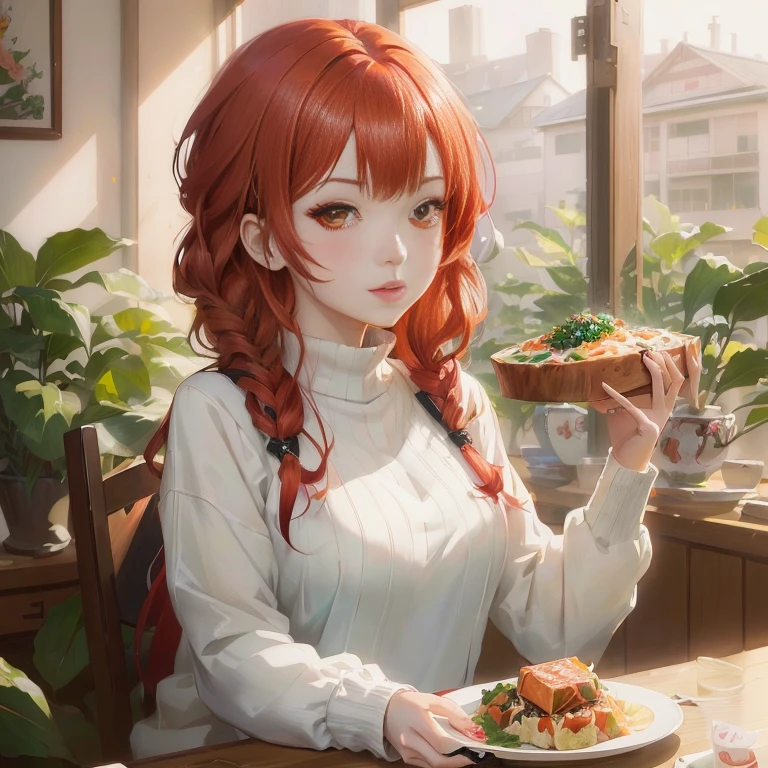 anime girl with red hair holding a plate of food in front of her, rin, artwork in the style of guweiz, kawaii realistic portrait, digital anime illustration, anime food, detailed digital anime art, made with anime painter studio, marin kitagawa fanart, lofi portrait, painted in anime painter studio, realistic anime artstyle, anime moe artstyle