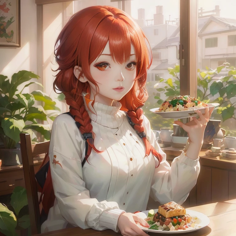 anime girl with red hair holding a plate of food in front of her, rin, artwork in the style of guweiz, kawaii realistic portrait, digital anime illustration, anime food, detailed digital anime art, made with anime painter studio, marin kitagawa fanart, lofi portrait, painted in anime painter studio, realistic anime artstyle, anime moe artstyle