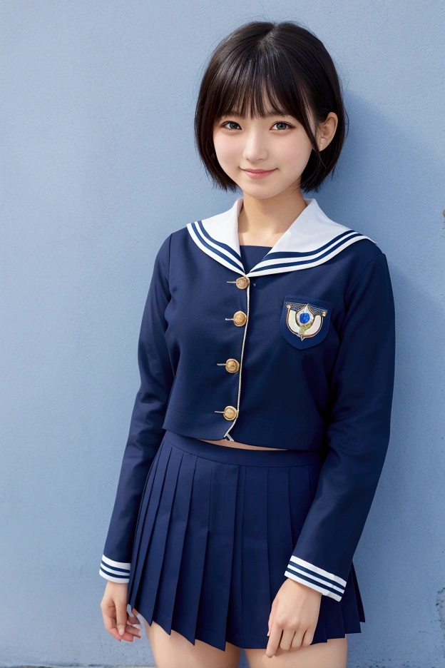 Japanese girl　18-year-old　short hair　Smile 　boyish　uniform　Student Council President　Navy blue sailor suit